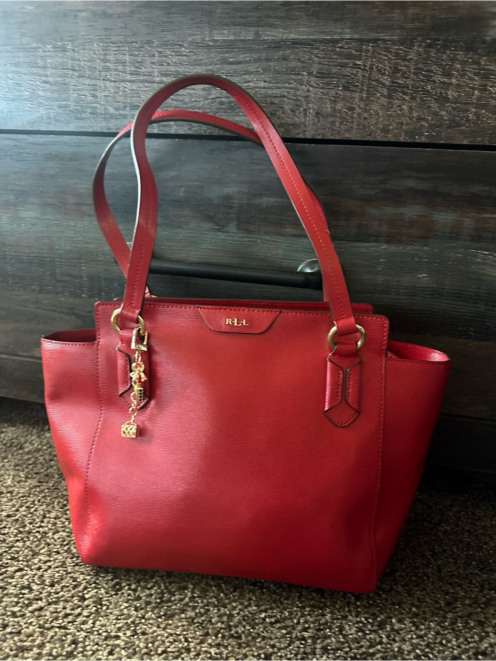 Ralph Lauren Red Leather Shoulder Tote with Gold Accents